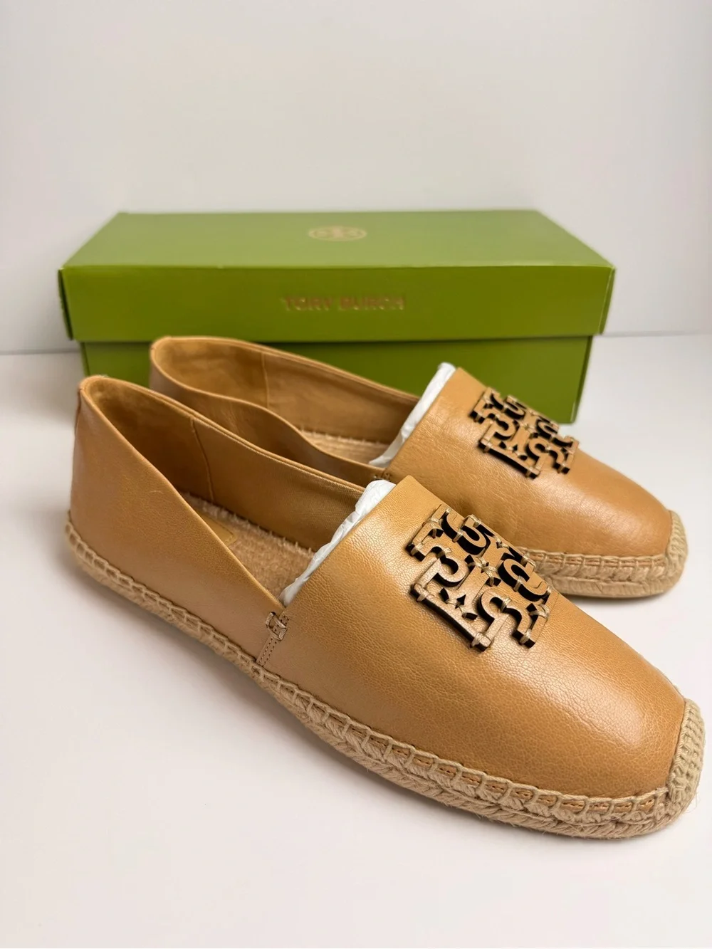 Tory Burch Cut-Out Logo Leather Espadrille Flats Ginger Shortbread US 11